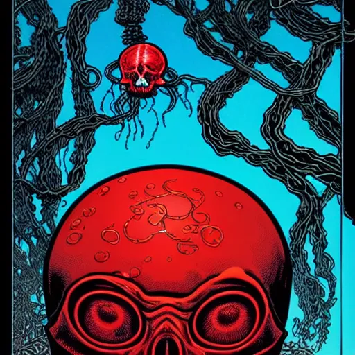 Image similar to a glowing red skull in the sea enveloped by jellyfish tendrils and black seaweed by josan gonzalez and dan mumford and laurie greasley and harry clarke, highly detailed, high contrast