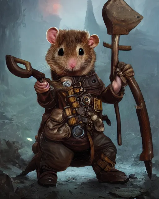 Image similar to oil painting of anthropomorphized hamster holding pickaxe, steampunk clothes, close shot, full body, dark steampunk mine shaft background, sharp focus, fantasy style, octane render, volumetric lighting, 8k high definition, by greg rutkowski, highly detailed, trending on art Station, dungeons and dragons artwork, centered