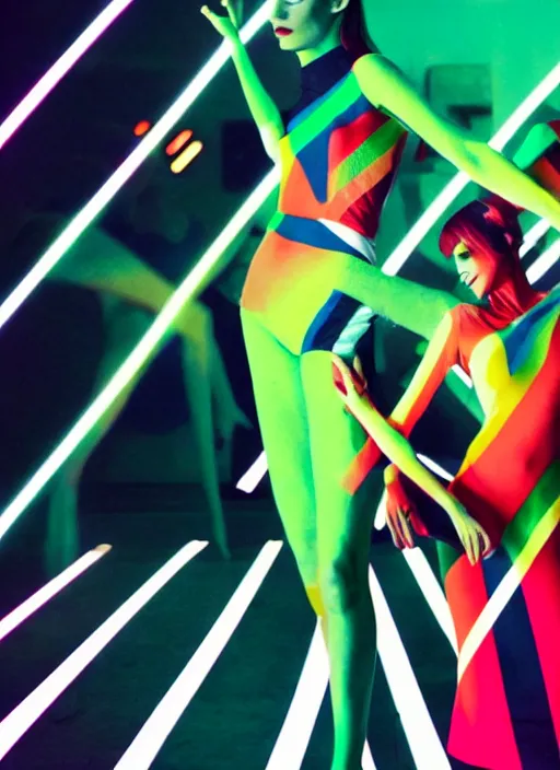 Image similar to david bowie music clip with dancers dressed by sonia delaunay clothing, neon lights, photorealistic, eastman kodak