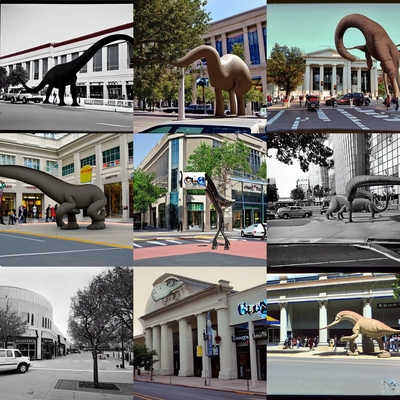 Prompt: google street view of a brontosaurus on the washtington d. c. mall, photograph