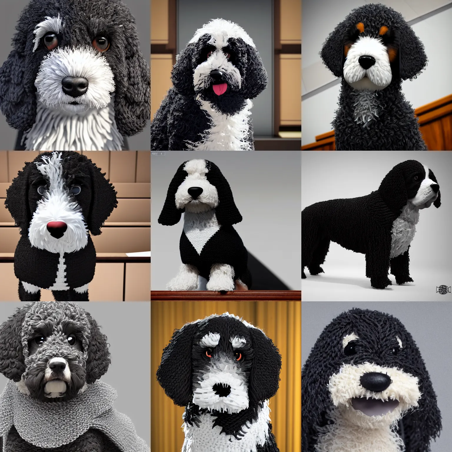 Prompt: a closeup photorealistic illustration of a knitted bernedoodle judge puppy dressed in a black gown presiding over the courthouse. scales of justice. this 4 k hd image is trending on artstation, featured on behance, well - rendered, extra crisp, features intricate detail, epic composition and the style of unreal engine.