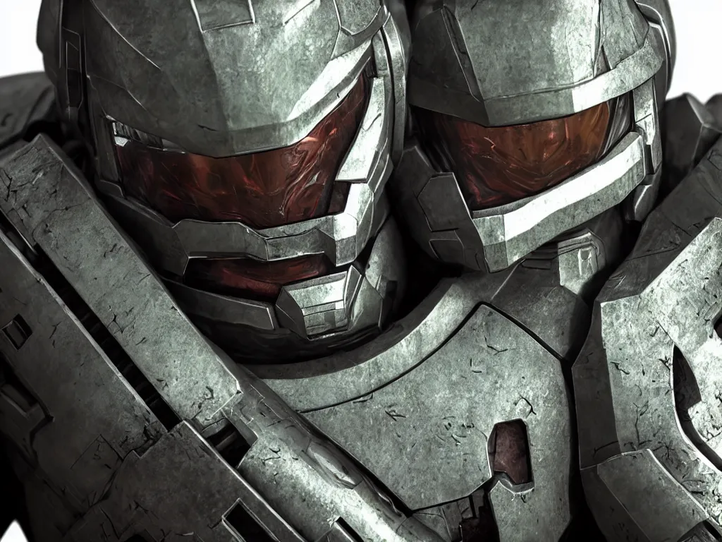 Image similar to master chief bust shot, studio photo, 3 d render, unreal engine, stunning scene, hdr, dynamic lighting, chrome, metallic, shiny, reflective, 8 k