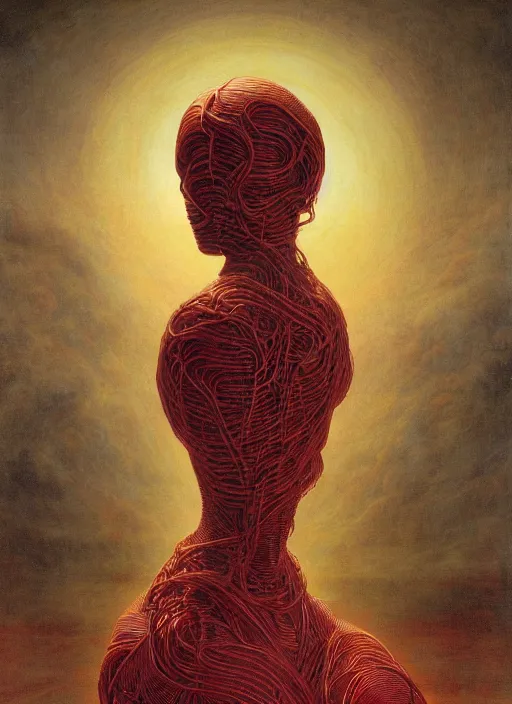 Image similar to Woman masterpiece, red, golden halo behind her head, red wires wrap around, by Edgar Maxence and Ross Tran, Zdzisław Beksiński, and Michael Whelan, distant, gustav dore, H.R. Giger, 8k, octane render