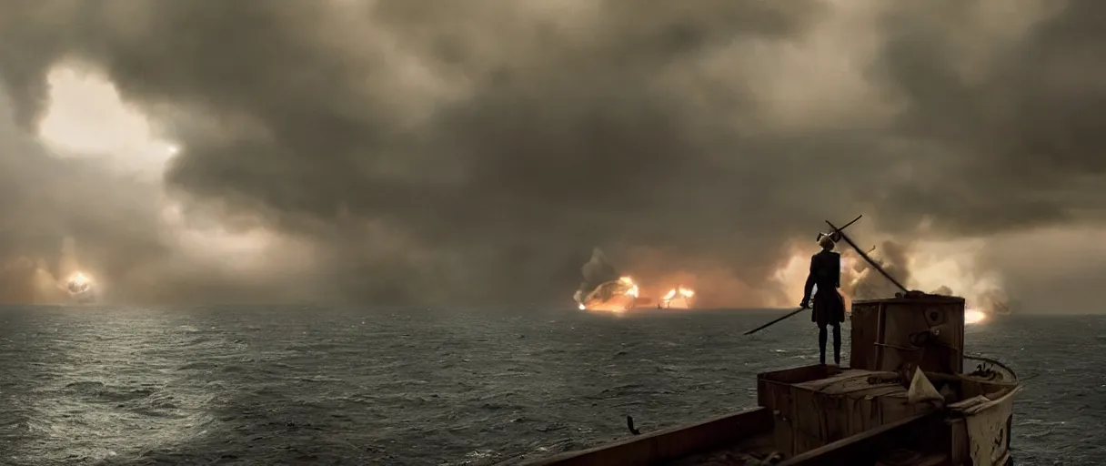 Prompt: a pirate standing on his ship watching big explosions on the sea, beautiful dramatic moody lighting, cinematic atmosphere, high detail, 8k, ornate, dark fantasy, masterpiece, complex, film still from the movie directed by Denis Villeneuve with art direction by Gregory Crewdson, Joel Sternfeld