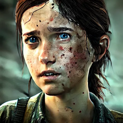 Image similar to an amazing portrait photo of an old Ellie from The last Of Us, award winning photo, very detailed, cinematic, beautiful lighting effects