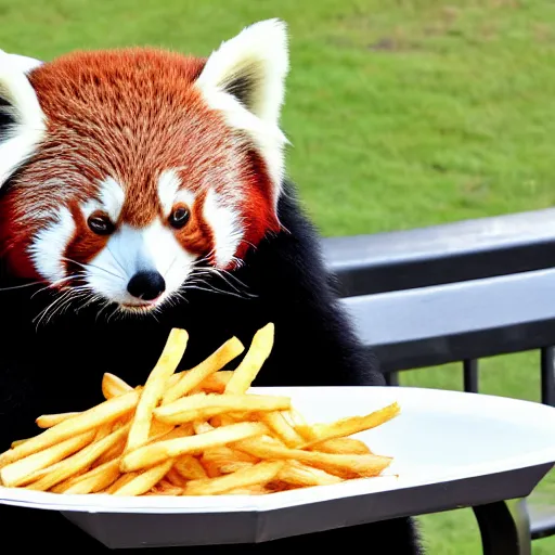Image similar to red panda darth vader eating fries