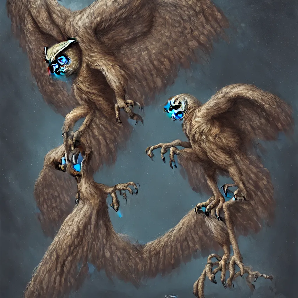 Image similar to an incredibly scary owl with its wings outstretched and with huge bulging eyes, digital art, fantasy, oil on canvas, trending on artstation