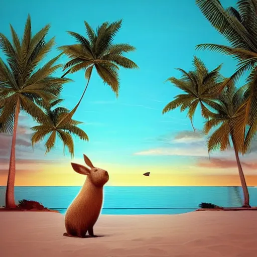 Prompt: “capybara and bunny with black spots on face and nose, on the beach with blue water and white sand, swaying palms, photorealistic render, colorful sunset, unreal engine 5, dynamic lighting, trending on artstation,”