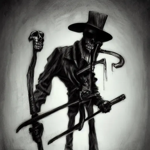 Image similar to surrealism grunge cartoon portrait sketch of the Grim Reaper with a scythe, by michael karcz, loony toons style, freddy krueger style, horror theme, detailed, elegant, intricate