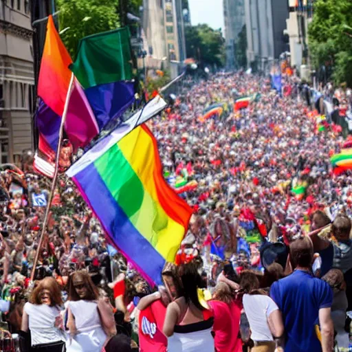 Image similar to donald trump waving a rainbow flag at a pride parade