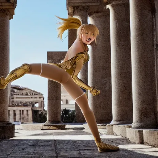 Image similar to blonde - haired princess, anime princess, wearing skinsuit, action pose, parkour, plaza, greco - roman pillars, golden hour, partly cloudy sky, sepia sun, strong lighting, strong shadows, vivid hues, ultra - realistic, sharp details, subsurface scattering, intricate details, hd anime, 2 0 1 9 anime