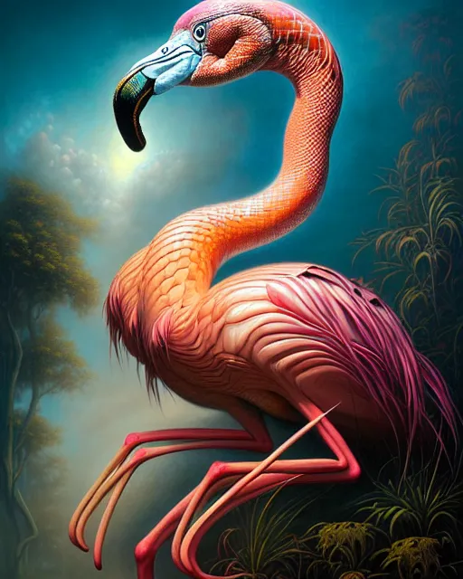 Prompt: a detailed portrait of dreampunk flamingo python hybrid mix by tomasz alen kopera and peter mohrbacher