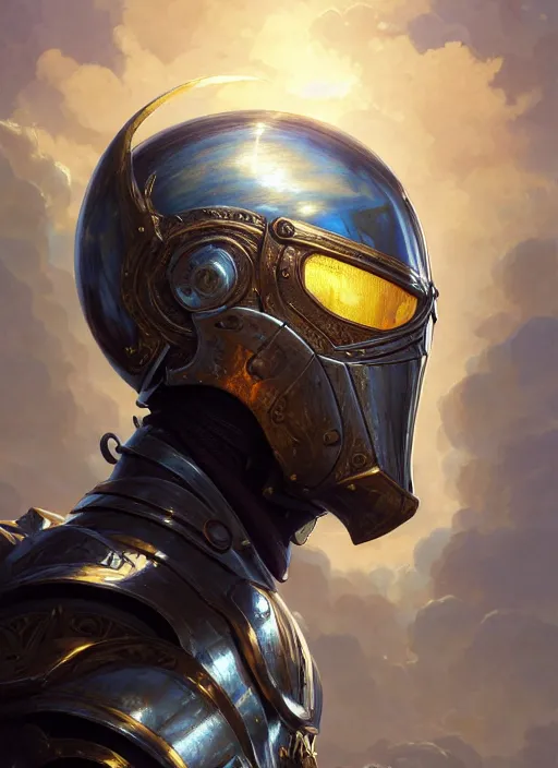 Image similar to highly detailed portrait of reflection of dragonfire on shiny knight helmet, raytracing, fantasy art by by simon bisley, loish, rhads, ferdinand knab, makoto shinkai and lois van baarle, ilya kuvshinov, rossdraws, tom bagshaw, global illumination, radiant light, detailed and intricate environment