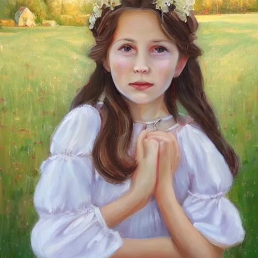 Image similar to portrait of girl dressed in white clothes countryside country style country house fantasy character portrait painting