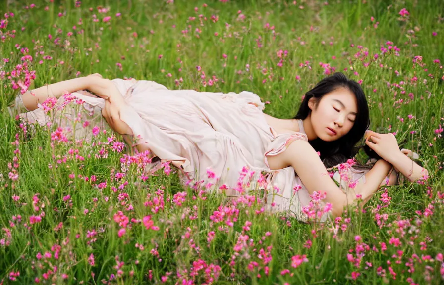 Image similar to a beautiful young Asian woman lying in a field of wildflowers, wearing a sun dress, portrait, dreamy, cinematic, depth of field, glow