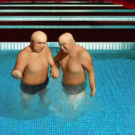 Image similar to photo, two old men fight pig mutants 4 0 1 2 7 inside a swimming pool, highly detailed, scary, volumetric lighting, front view