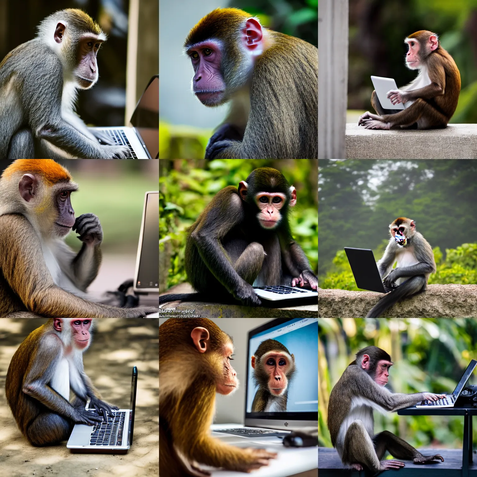 Prompt: monkey using a computer, National Geographic, Canon EOS R3, f/1.4, ISO 200, 1/160s, 8K, RAW, unedited, symmetrical balance, in-frame