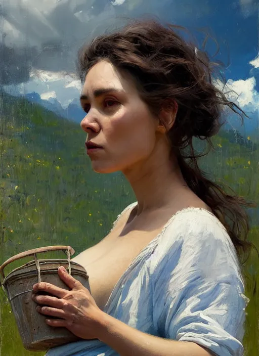 Prompt: portrait of pregnant vilage woman carrying a bucket of water, countryside, fantasy character portrait, dynamic pose, above view, view from above, sunny day, thunder clouds in the sky, artwork by Jeremy Lipkin and Giuseppe Dangelico Pino and Michael Garmash and rob rey, very coherent symmetrical artwork, perfect face, simple form, 100mm