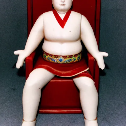 Image similar to Real life Bobby Hill sits on his throne as emperor of Hill Dynasty China, 35mm film