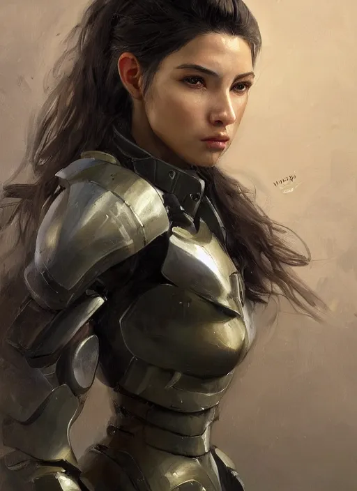 Image similar to a professional painting of a beautiful young female, clothed in military armor, olive skin, long dark hair, beautiful bone structure, symmetrical facial features, intricate, elegant, digital painting, concept art, smooth, sharp focus, illustration, from Metal Gear, by Ruan Jia and Mandy Jurgens and Artgerm and William-Adolphe Bouguerea