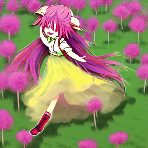 Image similar to Komeiji Koishi dancing in a field of dandelions, anime, Touhou, digital art, soft lighting