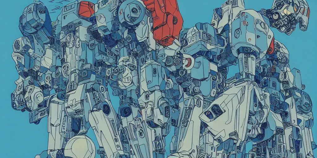 Image similar to risograph, gigantic mecha faces, no artifacts, mecha faces, a lot of exotic mecha faces, big human mecha faces everywhere, by satoshi kon and moebius, matte blue colors, surreal design, crispy, super - detailed, a lot of tiny details, no blur, 4 k, fullshot