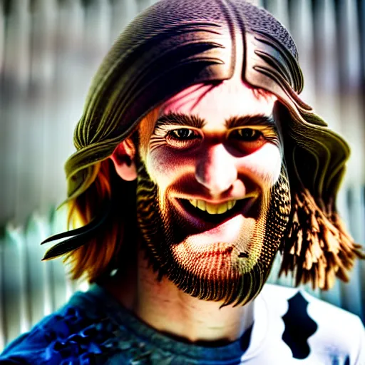 Image similar to bearded long - haired bo burnham outside of his house, smiling and dancing, ultra - realistic, 8 k