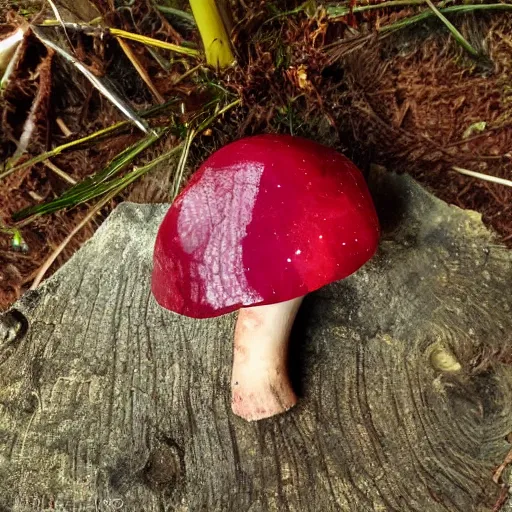 Prompt: a cut ruby gemstone mushroom, shiny, in the forest, high detail