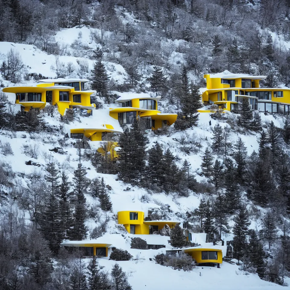 Prompt: an asphalt road leading to a mid-century modern house on top of a cliff in the arctic, covered with snow, designed by Frank Gehry. Big tiles. A car is parked in front. Film grain, cinematic, yellow hue