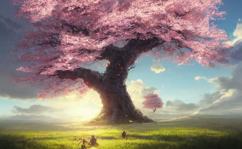 Prompt: a single colossal cherry blossom tree rising above a vast grassland and forested landscape, beautiful clouds, sun rays, fantasy digital painting, stunning intricate details, artwork by ross tran and greg rutkowski