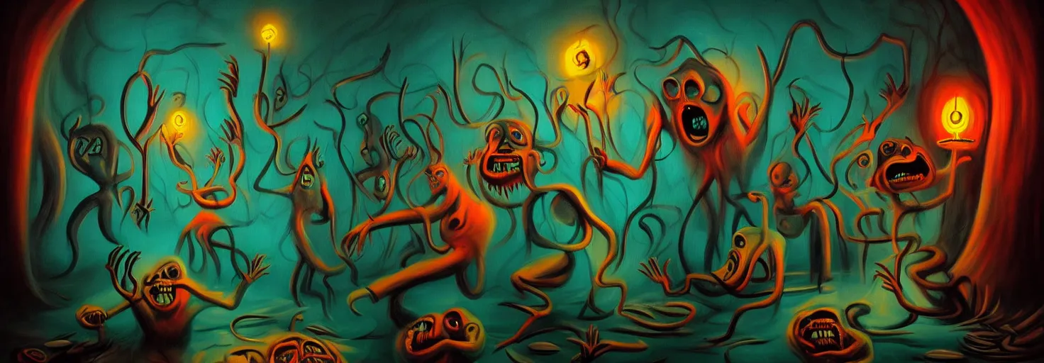 Image similar to visceral freaky obsessive monsters from the darkest depths of collective unconscious, dramatic glowing lighting, 1 9 3 0 s fleischer cartoon characters, wild emotional expressions - surreal painting by ronny khalil