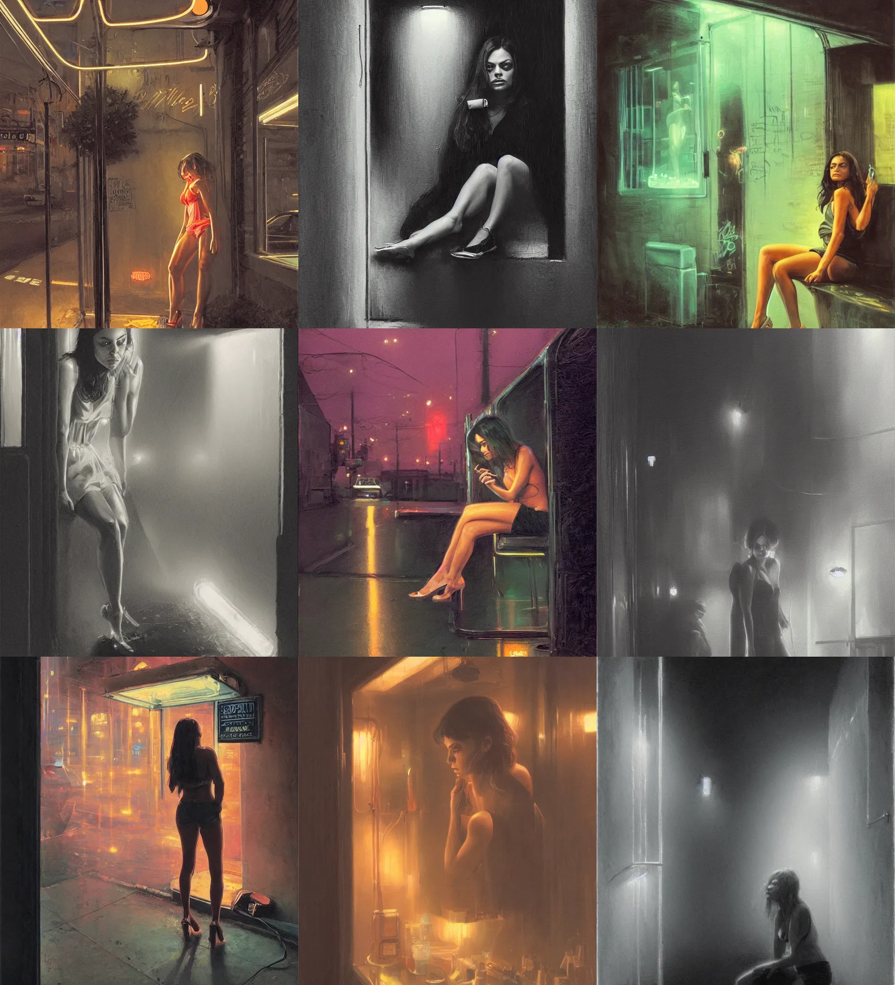Image similar to foggy neon night, mila kunis leaning back against a wall smoking a cigarette outside a neon lit entrance, 1 9 7 0 s, intricate, moody, tasteful, intimate, highly detailed, short focus depth, artgerm, donato giancola, joseph christian leyendecker