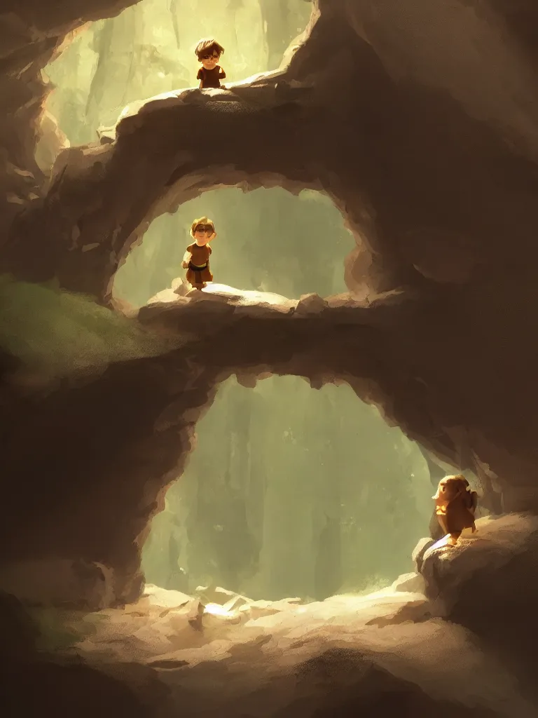 Image similar to lit child, in a dark cave, by disney concept artists, blunt borders, rule of thirds, soft light