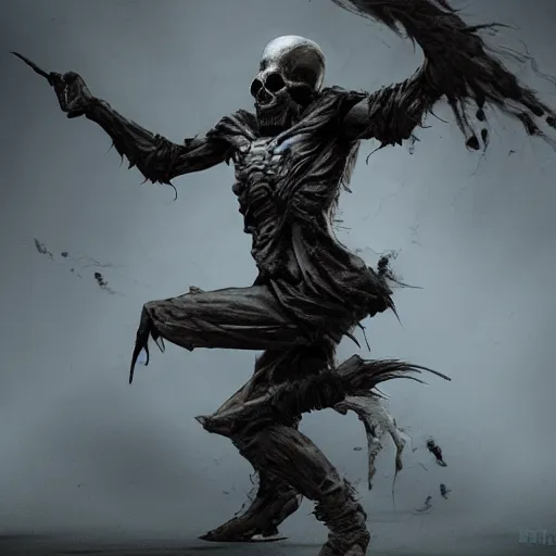 Prompt: wraith, undead, dynamic pose, skull, terrifying, dark, fog, artstation