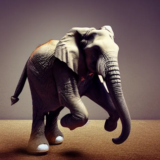 Image similar to an elephant falling apart and crumbling to dust to the air, photorealistic