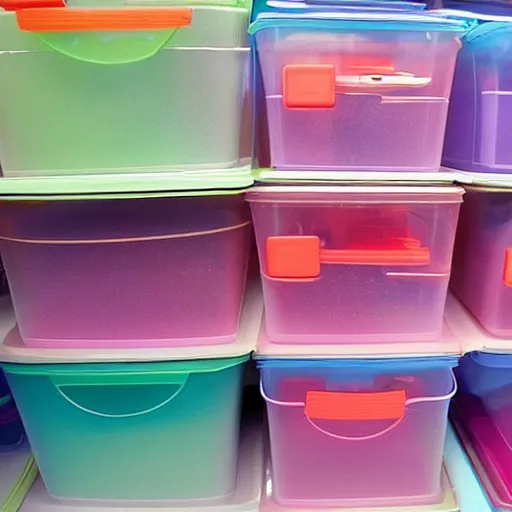 Image similar to a lot of empty plastic containers in a dollar store, pastel colors