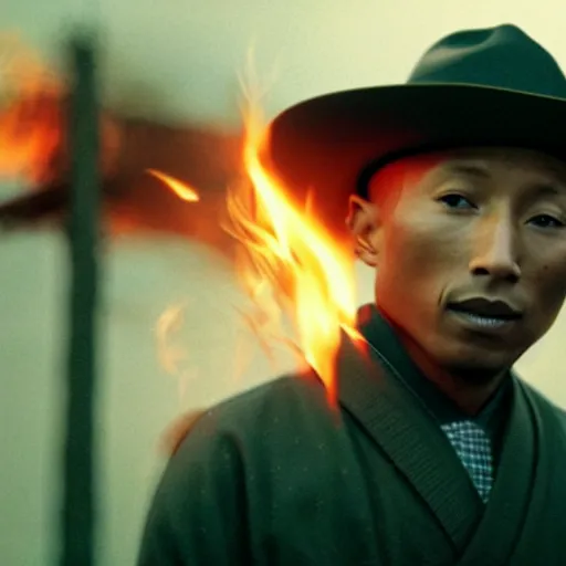 Image similar to cinematic film still Pharrell Williams starring as a Samurai holding fire, Japanese CGI, VFX, 2003, 40mm lens, shallow depth of field,film photography