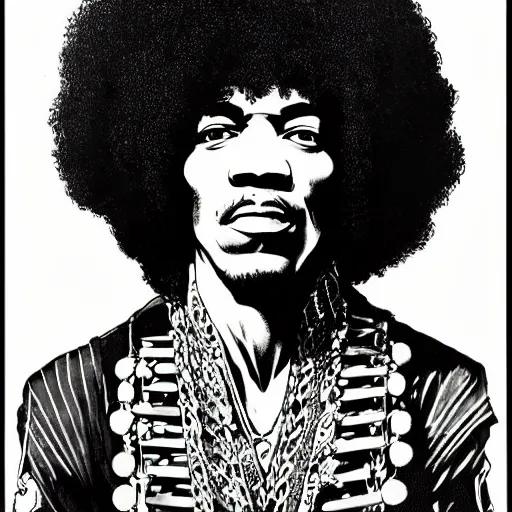 Image similar to artwork by Franklin Booth showing a portrait of Jimi Hendrix, afro futurism