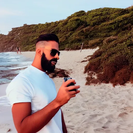 Image similar to male influencer taking pictures in the beach