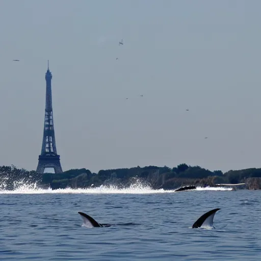 Image similar to orca whales swimming past the Eiffel Tower, 4k