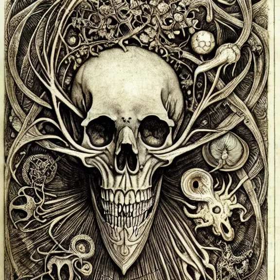 Image similar to memento mori by arthur rackham, art forms of nature by ernst haeckel, exquisitely detailed, art nouveau, gothic, ornately carved beautiful skull dominant, intricately carved antique bone, art nouveau botanicals, ornamental bone carvings, art forms of nature by ernst haeckel, horizontal symmetry, arthur rackham, ernst haeckel, symbolist, visionary