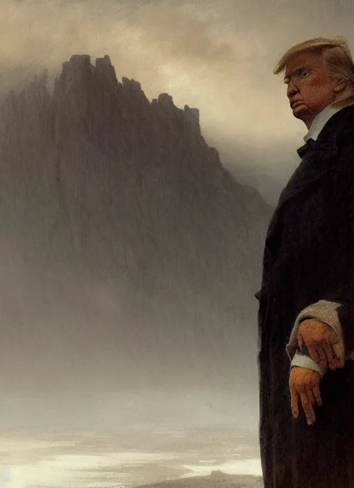 Prompt: portrait of donald trump in anguish a desolate misty landscape, closeup, painted by caspar david friedrich and greg rutkowski