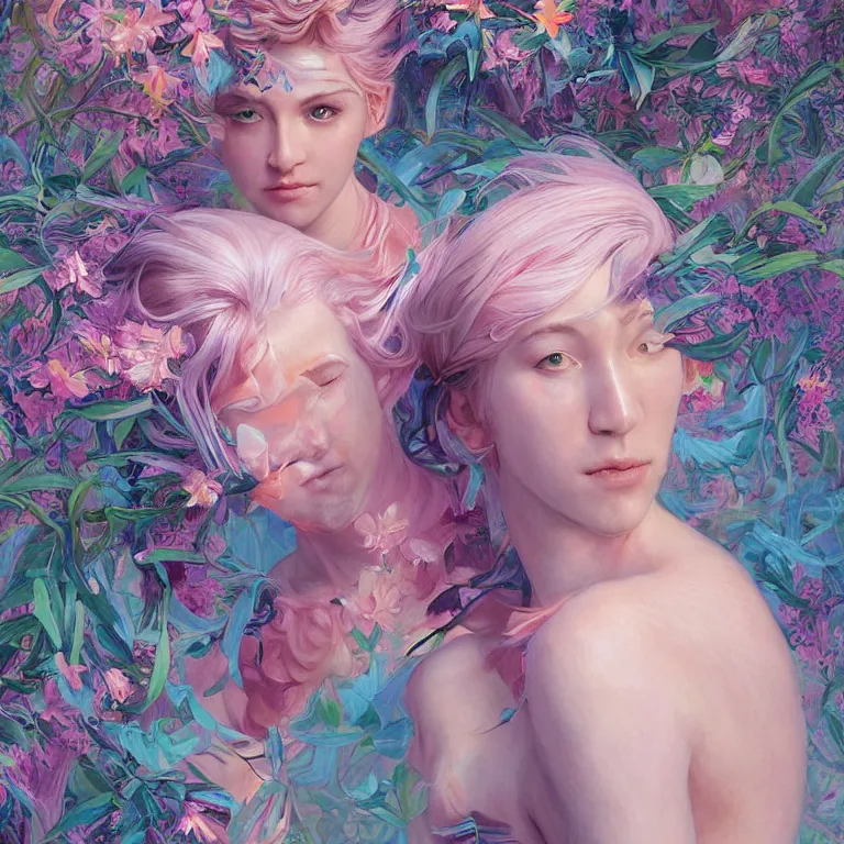 Prompt: swirly pink haired cyborg from movie ex machina wearing baby blue greek clothes, muted colors, colorful flowers, tropical, sunlight filtering through skin, dynamic hair movement, dynamic pose, glowing butterflies, j. c leyendecker, by alan lee, wlop! illustrated by starember, fantasy art by craig mullins