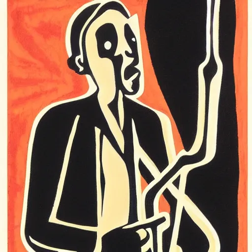 Prompt: cover art for jazz band with lamp mascot, alice neel, linocut, analogous - colors, tones of black, dot