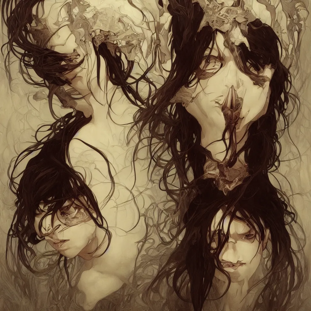 Prompt: a portrait of a child demon with dark hair!! by ross tran!!! and alphonse mucha and greg rutkowski! and gustav dore! and zdzisław beksinski!, in style of digital art illustration. symmetry. highly detailed face. fantasy, smooth, hyper detailed, sharp focus, soft light. trending on artstation.