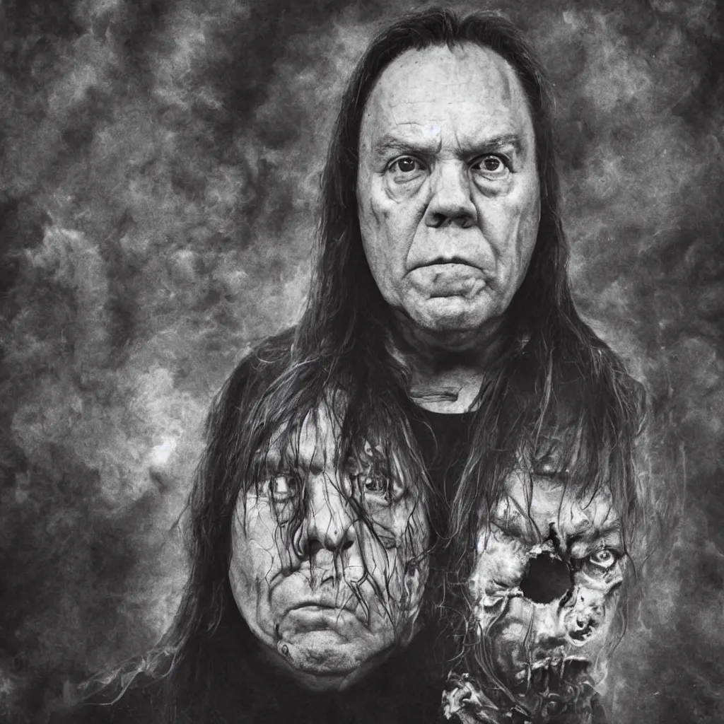 Image similar to francois legault portrait, black metal album cover