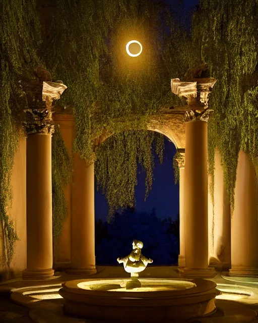 Image similar to photo of beautiful rococo courtyard under moonlight, large glowing moon, pool with reflections, weeping willows and flowers, hellenistic sculptures, romantic, archdaily,