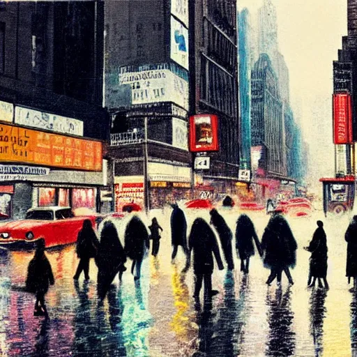 Image similar to a busy crosswalk on a rainy street in new york in the 1 9 6 0 ‘ s with lots of people walking around at night with advertisement neon lights on the buildings around it, painting eugene de la croix high detail, smooth, beautiful, aesthetic,