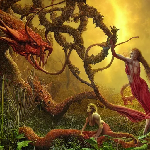 Image similar to Photorealistic devil in the garden of eden in the style of Michael Whelan and Gustave Dore. Hyperdetailed photorealism, 108 megapixels, amazing depth, glowing rich colors, powerful imagery, psychedelic Overtones, 3D finalrender, 3d shading, cinematic lighting, artstation concept art