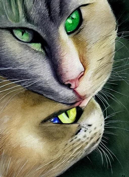 Image similar to blonde woman with green eyes kisses her cat with green eyes on her nose, watercolor, dramatic lighting, cinematic, establishing shot, extremly high detail, foto realistic, cinematic lighting, pen and ink, intricate line drawings, by Yoshitaka Amano, Ruan Jia, Kentaro Miura, Artgerm, post processed, concept art, artstation, matte painting, style by eddie mendoza, raphael lacoste, alex ross